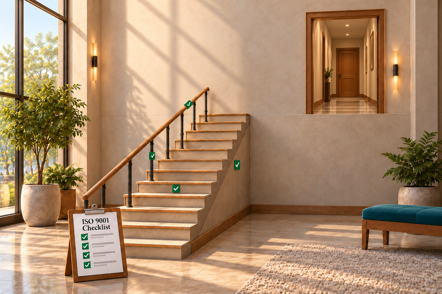 Two staircases with ISO 9001 checklists: one stops short of an open doorway, while the other reaches it.
